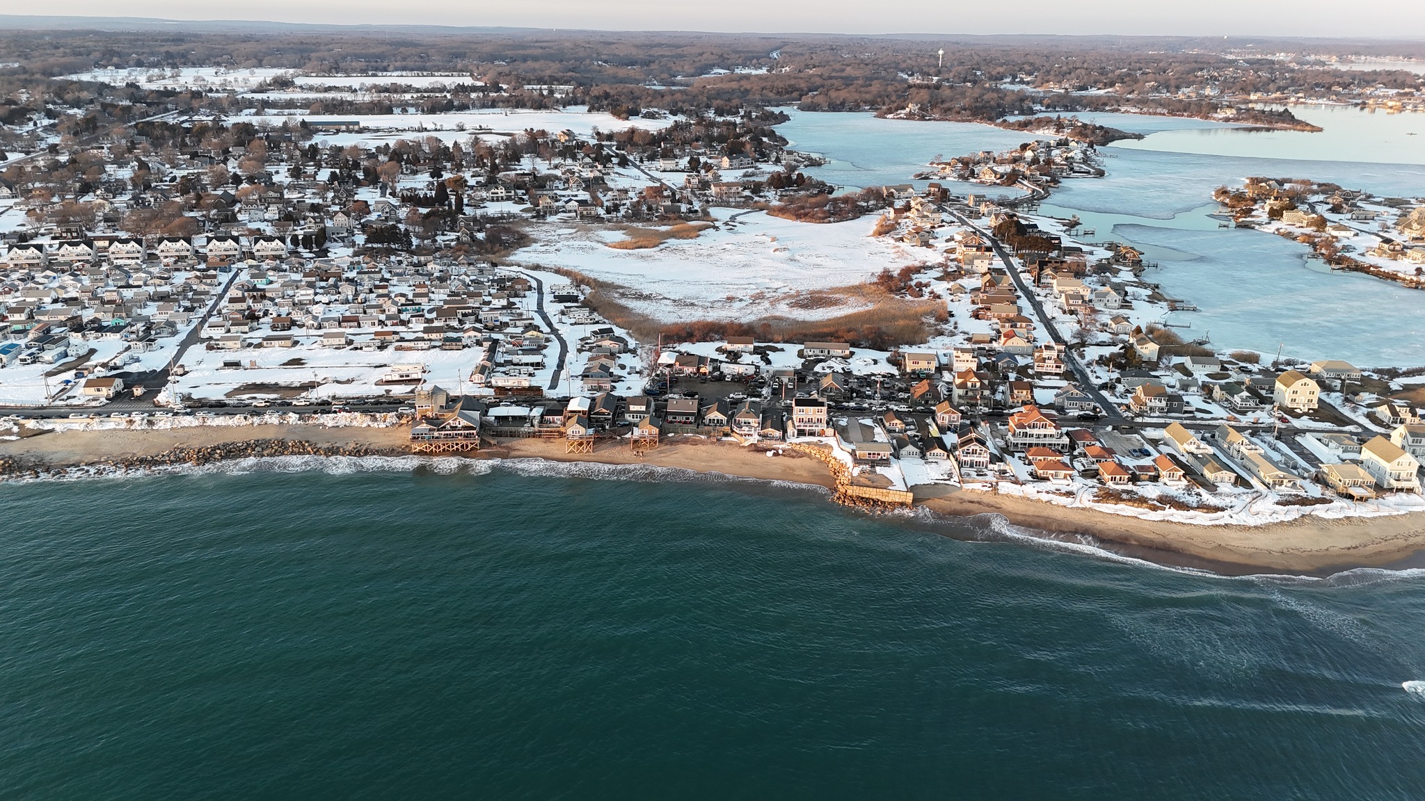 Cinematic harbor aerial perspective